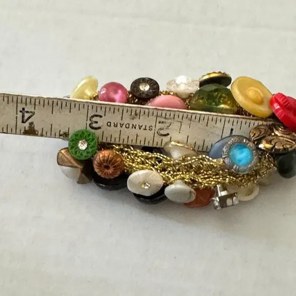 Vintage Button Bracelet Colorful Mixed Buttons & Beads on Gold Crochet Base 43g - Picture 9 of 12